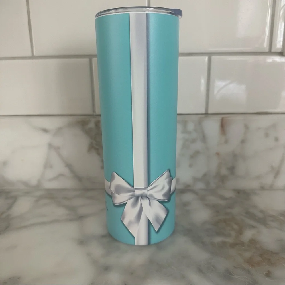 Tiffany Blue Stainless Skinny Tumbler with White Ribbon Design - 20oz - Picture 1 of 5